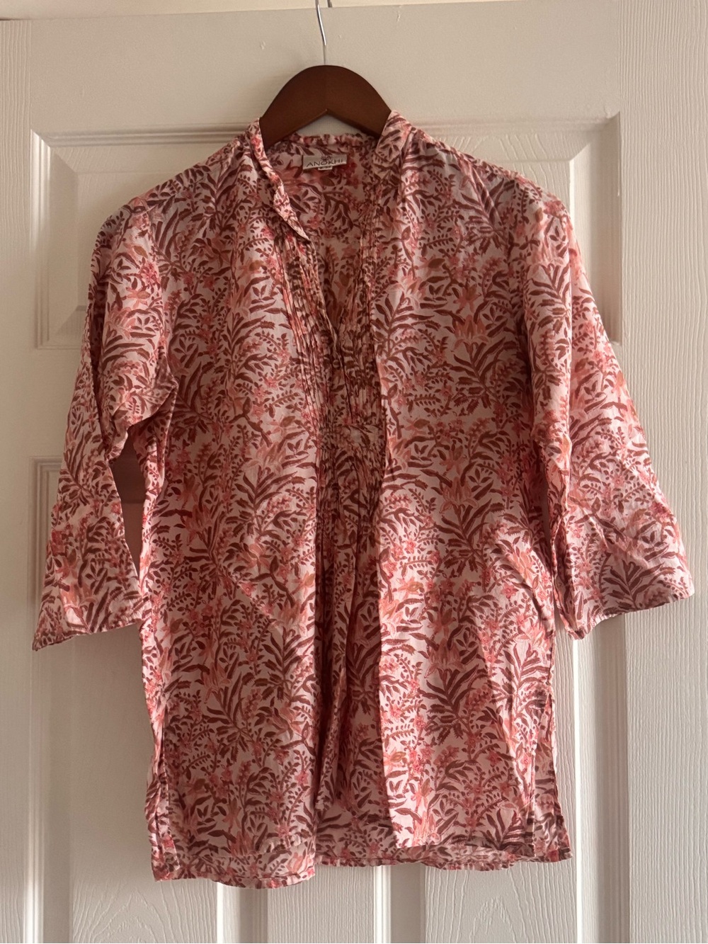 Pretty Botanical-Print Lightweight Cotton Tunic Blouse
